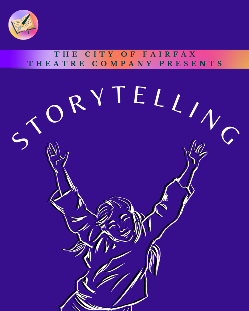 Purple background with white text that reads "Storytelling" Kid is waving joyful hands in the air